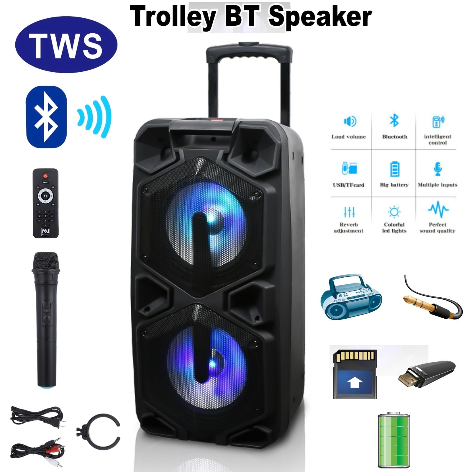 Dazone LED Lighted Portable Bluetooth Loud Speaker, Rechargeable Dual 10" Subwoofer Trolley BT Karaoke DJ PA System Speaker, Wireless Mic, Remote Control, AUX, FM, 2* 10" Subwoofer + 1* 2" Tweeter