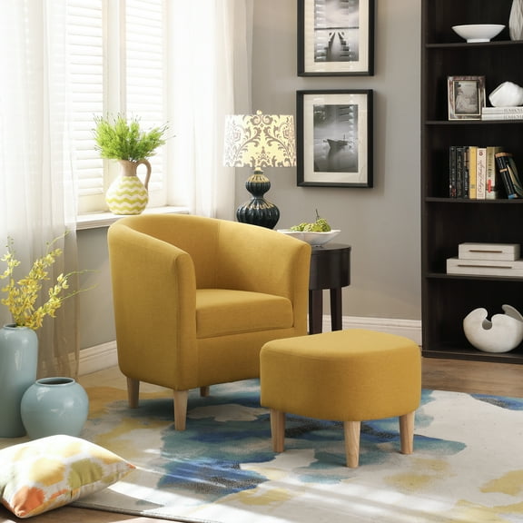 Dazone Modern Arm Chair Curved Back with Ottoman Accent Sofa Linen Fabric Upholstered Yellow