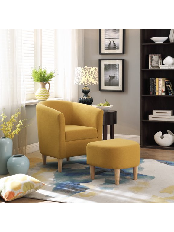 Modern Arm Chair Curved Back with Ottoman Accent Sofa Linen Fabric Upholstered Yellow