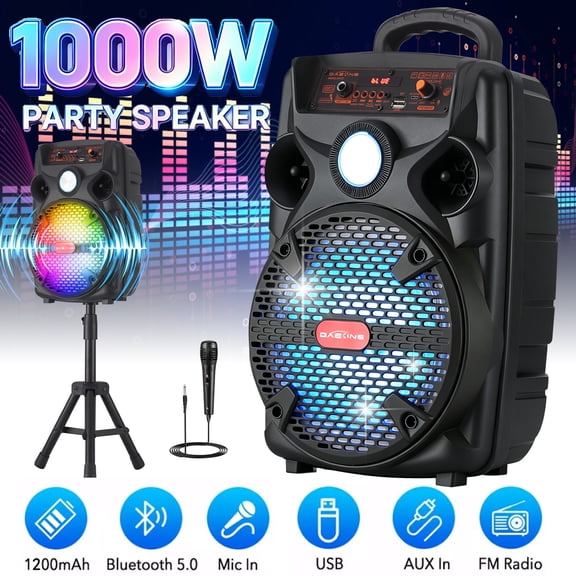 Dazone Portable Bluetooth Loud Speaker, 8-Inch Woofer, Rechargeable PA System Trolley Speaker with Remote, Microphone, LED Light, FM, AUX, Black