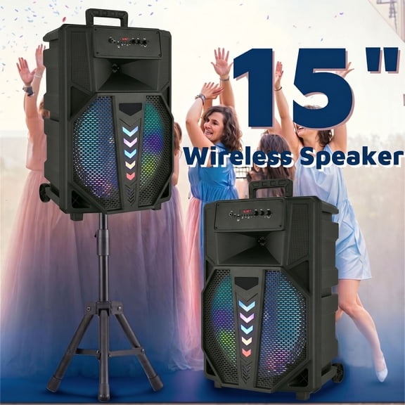 Dazone Portable 15" Bluetooth Speaker Reachargeable Subwoofer Heavy Bass Party PA System, Trolley Stereo Tailgate, With Handle, Wheels, Microphone, Remote, FM Radio Karaoke DJ RGB LED Light