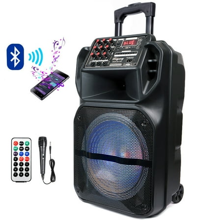 Dazone Portable 15" Bluetooth Speaker Reachargeable Subwoofer Heavy Bass Party PA System, Trolley Stereo Tailgate, With Handle, Wheels, Microphone, Remote, FM Radio Karaoke DJ RGB LED Light