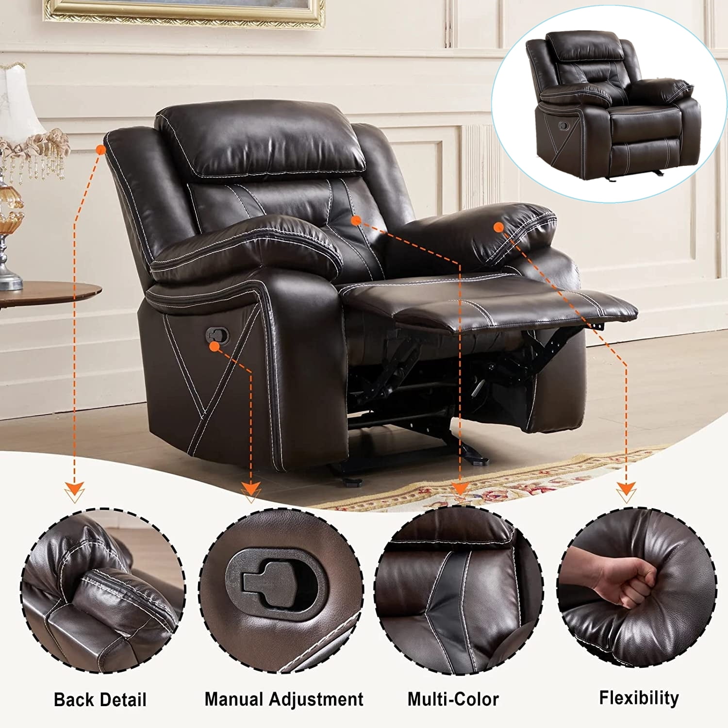 Dazone Rocker Recliner Chair, Faux-Leather Manual Push Back, for