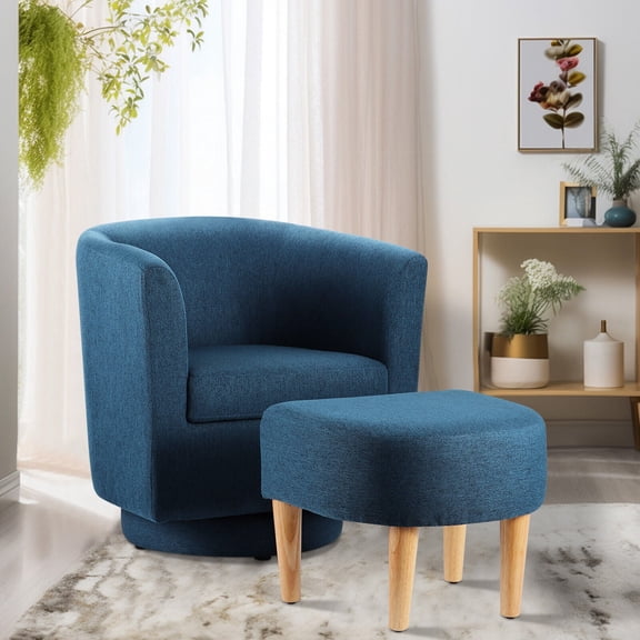 Dazone Swivel Armchair & Ottoman Set, Modern Accent Upholstered Single Sofa Chair With Footstool, 360°Rotating Armchair and Footrest Set, Club Tub Chair for Living Room Bedroom Reading Room,Blue