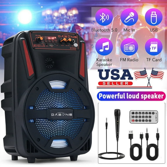 Dazone Wireless FM Speaker, 8" Subwoofer Portable Bluetooth Speaker, 1,000W Loud Sound PA System LED USB Party Stereo Wireless, 1000W