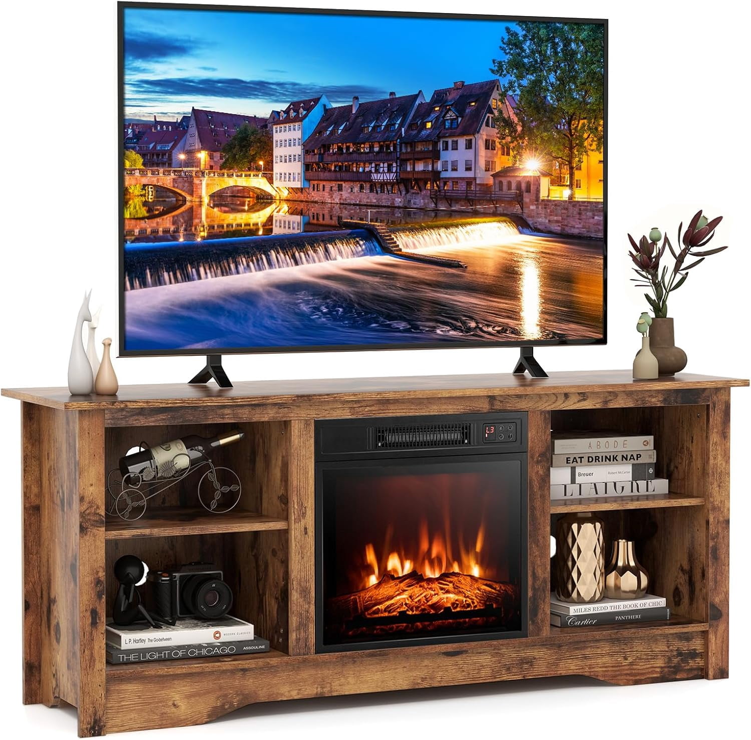 DazzAura TV Stand with 18” Electric Fireplace, for Flat Screen TVs Up ...