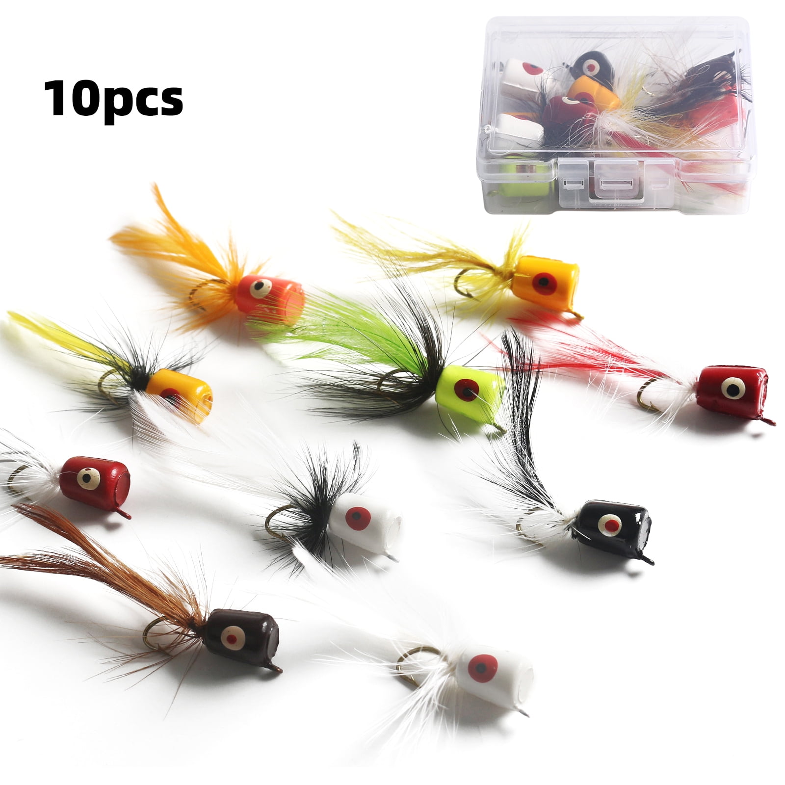 Dazzduo Hooks,Panfish Topwater Popper 10 PCS Popper Lures Bass Panfish Topwater Crappie Bass Panfish Sunfish Crappie Fly Flies Kit Bass Steelhead Sunfish Kit Bass Popper Box Fly Sunfish Fish