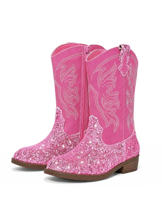 Girls Pink Glitter Cowgirl Boots Western Round Toe Mid Calf Side Zipper Boots for Toddler Little Big Kid