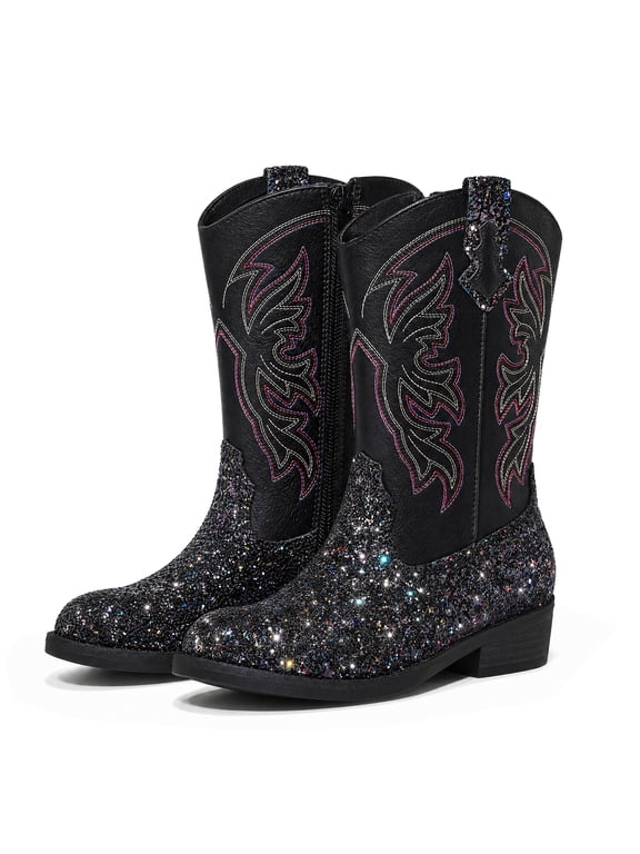 Girls Black Glitter Cowgirl Boots Western Round Toe Mid Calf Side Zipper Boots for Toddler Little Big Kid