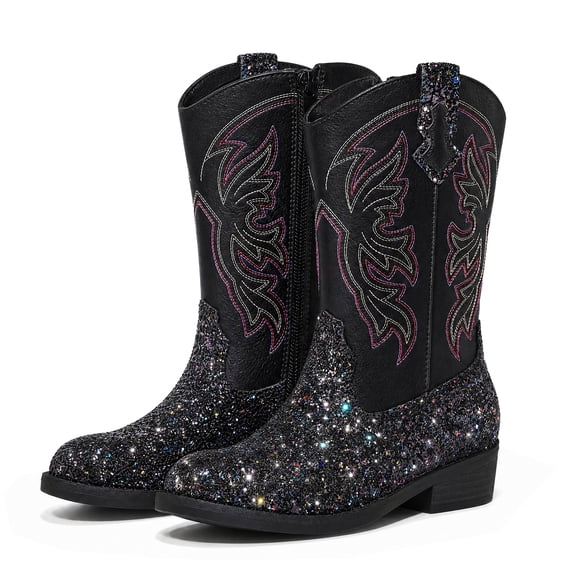Dazzher Girls Black Glitter Cowgirl Boots Western Round Toe Mid Calf Side Zipper Boots for Toddler Little Big Kid