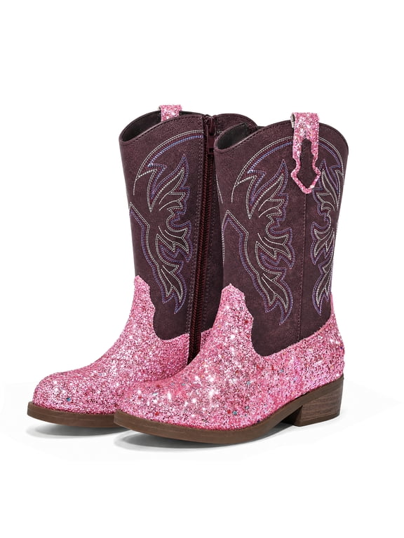 Girls Pink Glitter Cowgirl Boots Western Round Toe Mid Calf Side Zipper Boots for Toddler Little Big Kid