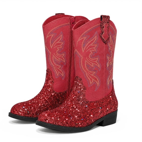 Dazzher Girls Red Glitter Cowgirl Boots Western Round Toe Mid Calf Side Zipper Boots for Toddler Little Big Kid