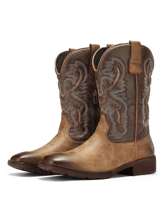 Men's Square Toe Cowboy Boots Classic Retro Western Embroidered Boots Pull-On Slip Resistant Country Boots