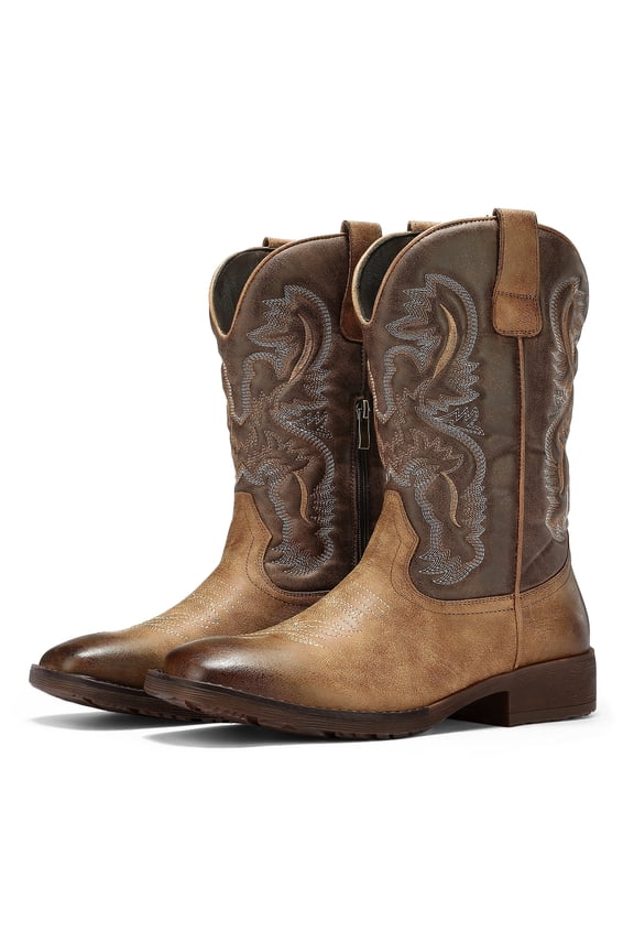 Men's Square Toe Cowboy Boots Classic Retro Western Embroidered Boots Pull-On Slip Resistant Country Boots