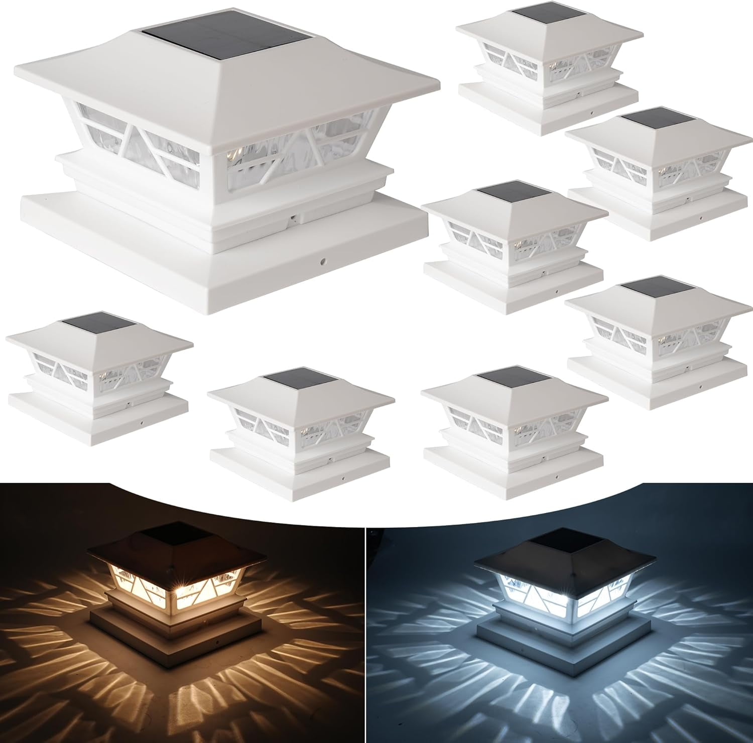 Dazzle Bright 8 Pack Solar Outdoor Fence Post Lights, 2 Modes Post Cap Lights Waterproof Color Changing Warm White/Cool White for Yard, Garden, Porch, Patio Decor, for 4x4 5x5 6x6 Wood Posts