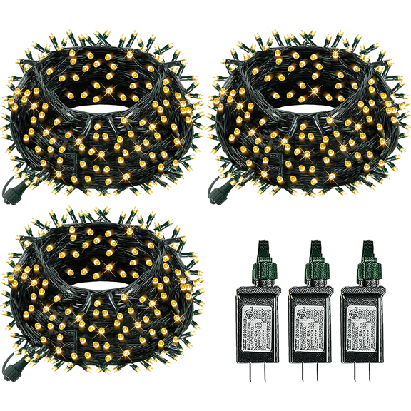 Dazzle Bright Christmas String Lights, 198FT 600 LED Connectable Green Wire 8 Modes String Lights. Warm White