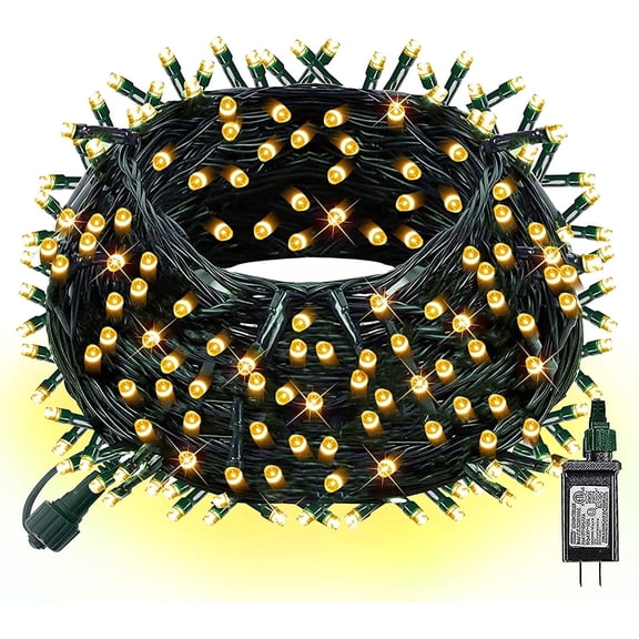 Dazzle Bright Christmas String Lights, 66FT 200 LED Connectable Green Wire 8 Modes String Lights. Warm White