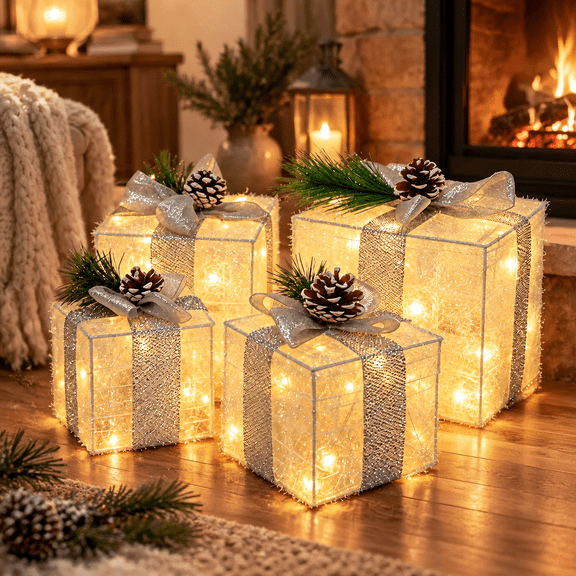 Dazzle Bright Lighted Christmas Present Boxes 4-Pack, Glittering Sisal Gift Boxes with Pinecones and Bows, 70 Warm White LED Lights, 8 Modes Battery Powered Holiday Decorations for Home Porch Lawn