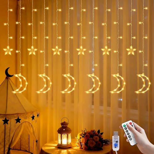 Dazzle Bright Ramadan Curtain String Lights, 138 LED Warm White Star Moon Fairy Lights 8 Lighting Modes with Remote and 12 Hooks for Bedroom Wall, Outdoor Party, Ramadan Decorations