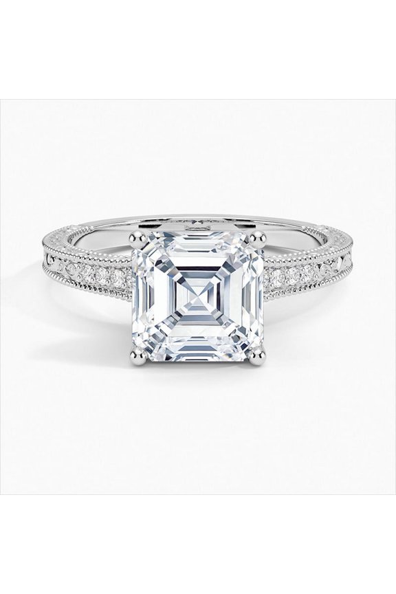 14K White Gold Plated Diamond Rings - 1.9 Ct Asscher Excellent Cut Diamond Rings - Engagement Hidden Halo Rings for Women's - Ever & Ever Halo-Style Bridal Set Rings for Women's