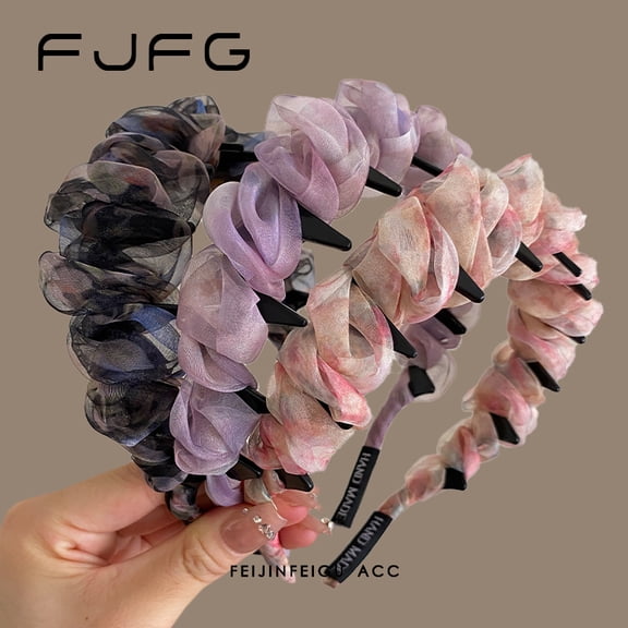 Dazzle colour gradient super fairy pleated mesh wave hair bands female summer new heightening cranial show face small tooth comb headband 3 packs