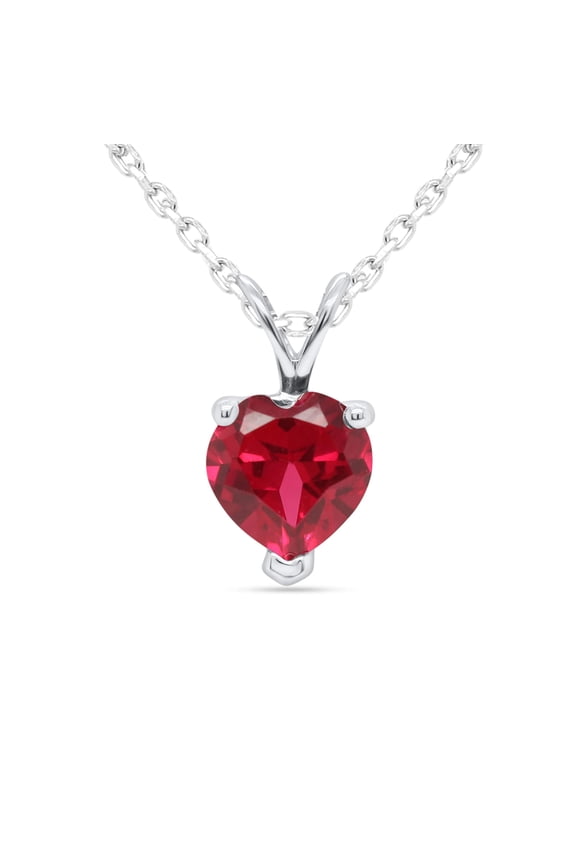 1 Carat Heart Cut Simulated Ruby Solitaire Pendant 18" Chain Necklace in 10K White Gold