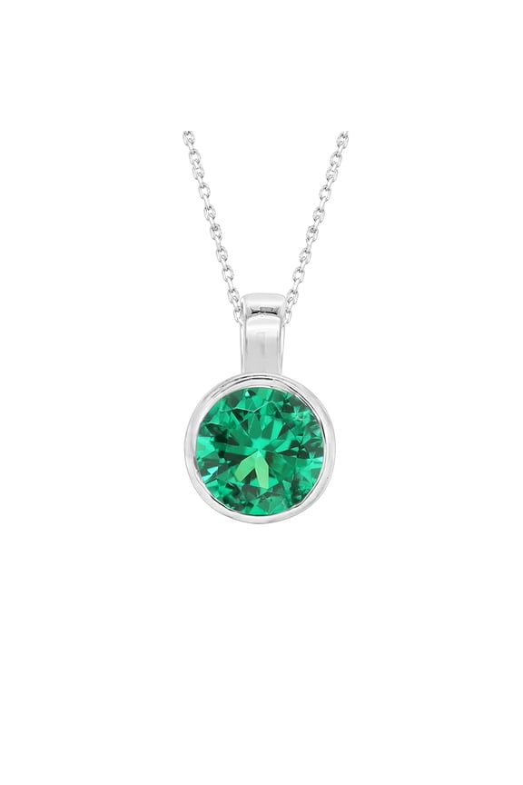 6.5MM Round Cut Simulated Emerald Bezel Set Solitaire Pendant Necklace Along With 18" Chain In 14k White Gold Over Sterling Silver Jewelry for Women
