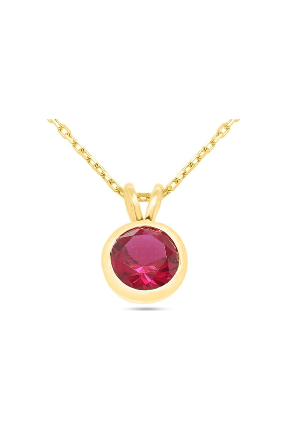 6.5MM Round Cut Simulated Ruby Bezel Set Solitaire Pendant Necklace Along With 18" Chain In 14k Yellow Gold Plated (Clarity: VVS1, 1.00 Cttw)