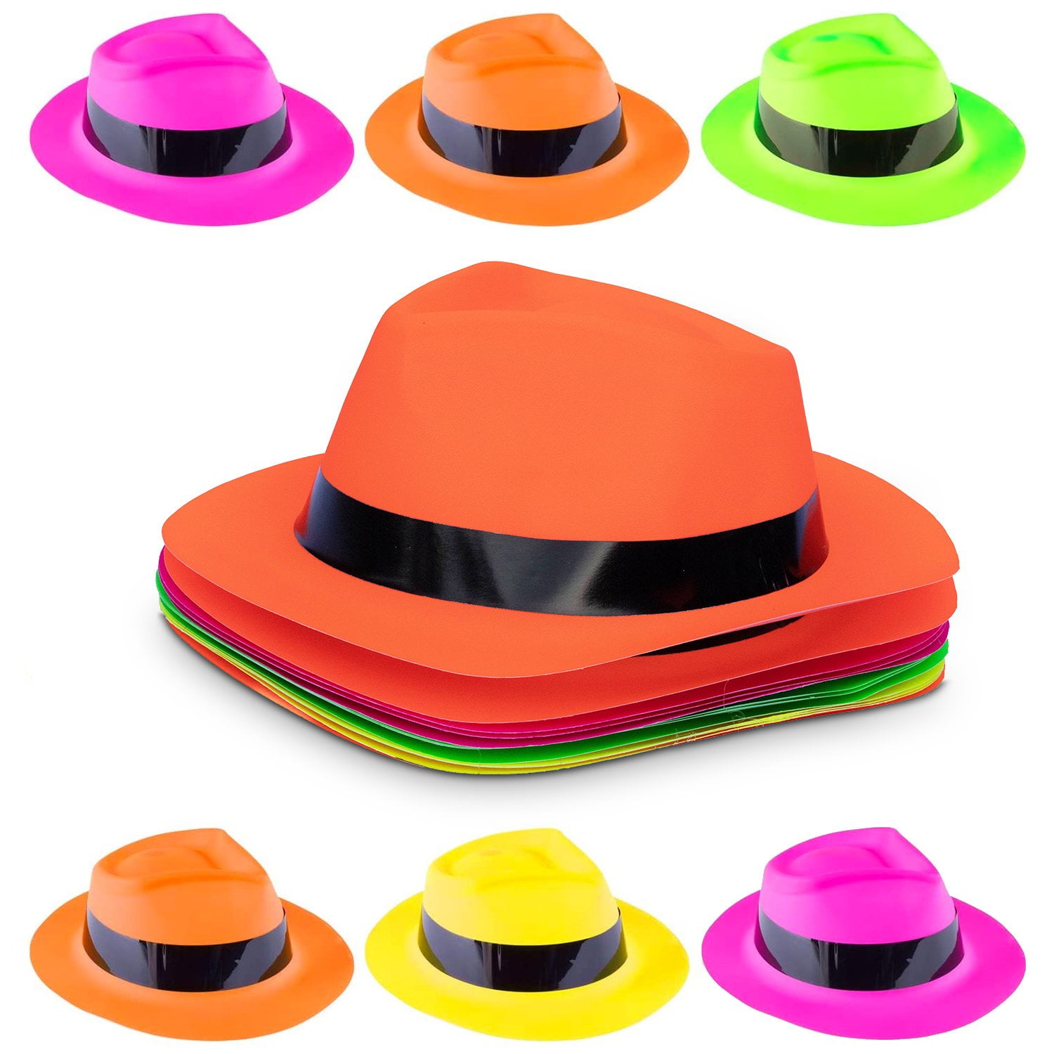 Dazzlign Toys Neon Plastic Gangster Hats 12 Pack Dress Up Toy, Party Favor & Accessory For
