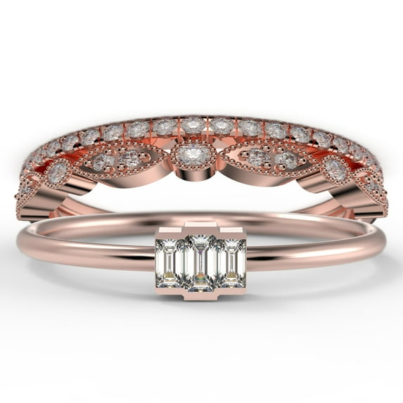 Dazzling 1.70 Carat Baguette Cut Trilogy Diamond Moissanite Engagement Ring, Dainty Wedding Ring in 10k Solid Rose Gold, Three Stone Ring, Promise Ring, Trio Set, Matching Band