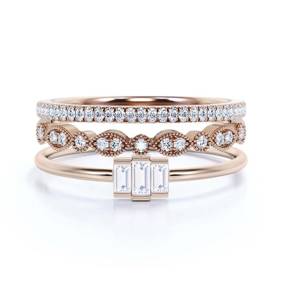 Dazzling 1.70 Carat Baguette Cut Trilogy Diamond Moissanite Engagement Ring, Wedding Ring in 925 Sterling Silver With 18k Rose Gold Plating Gift For Her, Three Stone Ring, Trio Set, Matching Band