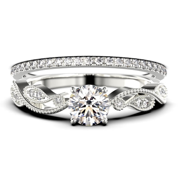 Dazzling 1.75 Carat Round Cut Diamond Moissanite Classic Inspired Engagement Ring, Unique Twist Band Wedding Ring in 925 Sterling Silver With 18k White Gold Plating, One Matching Band