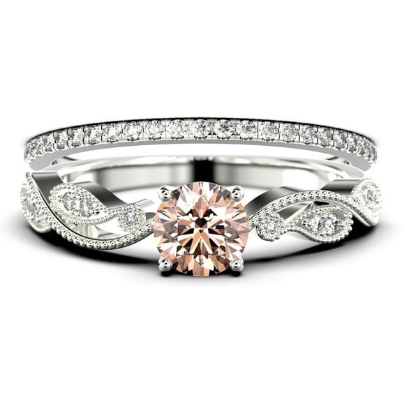 Dazzling 1.75 Carat Round Cut Morganite And Diamond Moissanite Classic Inspired Engagement Ring, Unique Twist Band Wedding Ring in 925 Sterling Silver With 18k White Gold Plating, One Matching Band