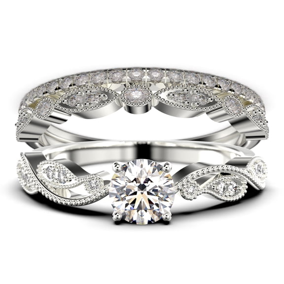 Dazzling 2.25 Carat Round Cut Diamond Moissanite Classic Inspired Engagement Ring, Unique Twist Band Wedding Ring in 925 Sterling Silver With 18k White Gold Plating, Two Matching Band