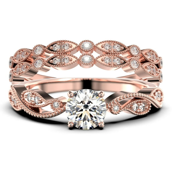 Dazzling 2.25 Carat Round Cut Diamond Moissanite Classic Inspired Engagement Ring, Unique Twist Band Wedding Ring In 925 Sterling Silver With 18K Rose Gold Plating, Two Matching Band