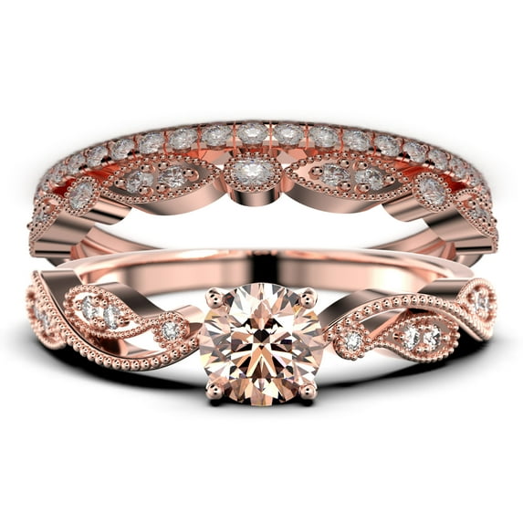 Dazzling 2.25 Carat Round Cut Morganite And Diamond Moissanite Classic Inspired Engagement Ring, Unique Twist Band Wedding Ring in 925 Sterling Silver With 18k Rose Gold Plating, Two Matching Band