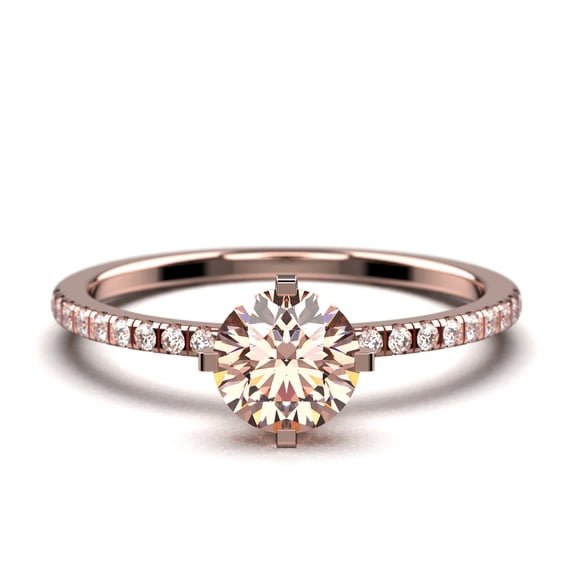 Dazzling Art Deco 0.75 Carat Round Cut Morganite And Diamond Moissanite Engagement Ring, Wedding Ring In 10K Solid Rose Gold, Gift For Girlfriend, Small Promise Ring