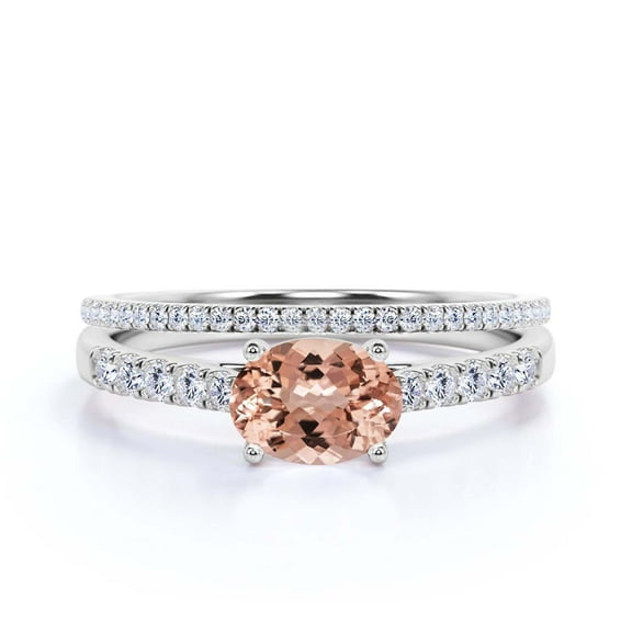 Dazzling Art Deco 2.00 Carat Oval Cut Morganite And Diamond Moissanite Unique Engagement Ring, Wedding Ring, One Matching Band in 925 Sterling Silver With 18k White Gold Plating Gift For Woman