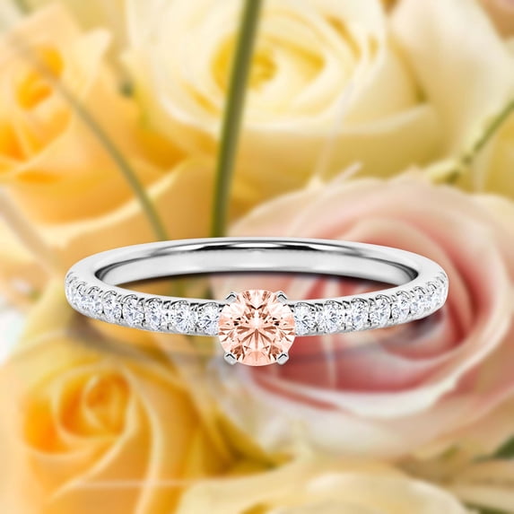 Dazzling Art deco 0.75 Carat Round Cut Morganite And Diamond Moissanite Engagement Ring, Wedding Ring in 925 Sterling Silver With 18k White Gold Plating Gift For Girlfriend, Small Promise Ring