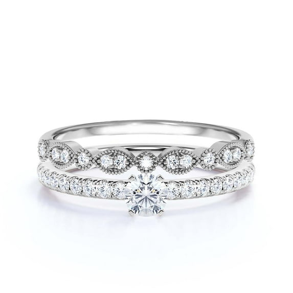 Dazzling Art deco 1.25 Carat Round Cut Diamond Moissanite Engagement Ring, Wedding Ring, One Matching Band in 925 Sterling Silver With 18k White Gold Plating Gift For Girlfriend, Small Promise Ring