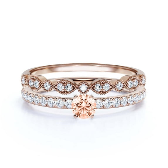 Dazzling Art deco 1.25 Carat Round Cut Morganite And Diamond Moissanite Engagement Ring, Wedding Ring, One Matching Band in 10k Solid Rose Gold, Gift For Girlfriend, Small Promise Ring, Bridal Set