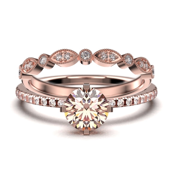 Dazzling Art deco 1.25 Carat Round Cut Morganite And Diamond Moissanite Engagement Ring, Wedding Ring, One Matching Band in 10k Solid Rose Gold, Gift For Girlfriend, Small Promise Ring, Bridal Set