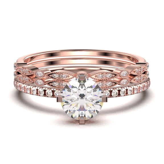 Dazzling Art deco 1.75 Carat Round Cut Diamond Moissanite Engagement Ring, Wedding Ring, Two Matching Band in 10k Solid Rose Gold, Gift For Girlfriend, Small Promise Ring, Trio Set
