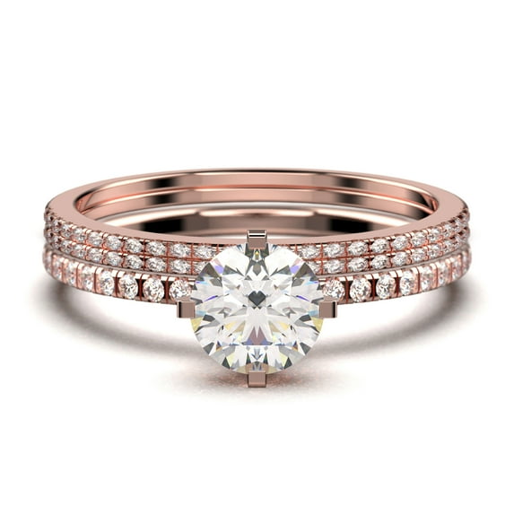 Dazzling Art deco 1.75 Carat Round Cut Diamond Moissanite Engagement Ring, Wedding Ring, Two Matching Band in 10k Solid Rose Gold, Gift For Girlfriend, Small Promise Ring, Trio Set