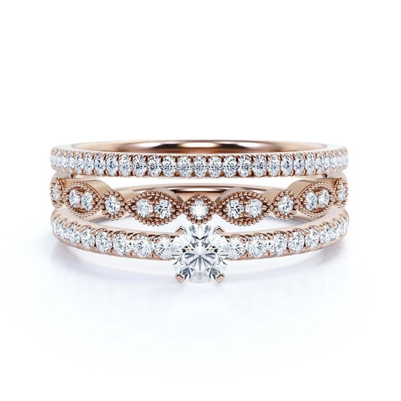 Dazzling Art deco 1.75 Carat Round Cut Diamond Moissanite Engagement Ring, Wedding Ring, Two Matching Band in 925 Sterling Silver With 18k Rose Gold Plating Gift For Girlfriend, Small Promise Ring