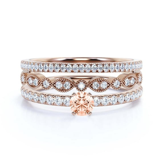 Dazzling Art deco 1.75 Carat Round Cut Morganite And Diamond Moissanite Engagement Ring, Wedding Ring, Two Matching Band in 925 Sterling Silver With 18k Rose Gold Plating Gift For Girlfriend