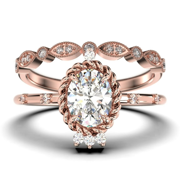 Dazzling Art nouvea 2.00 Carat Oval Cut Diamond Moissanite Engagement Ring, Wedding Ring in 925 Sterling Silver With 18k Rose Gold Plating, Compass Ring, Bridal Set, Matching Band