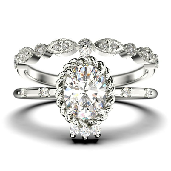 Dazzling Art nouvea 2.00 Carat Oval Cut Diamond Moissanite Engagement Ring, Wedding Ring in 925 Sterling Silver With 18k White Gold Plating, Compass Ring, Bridal Set, Matching Band