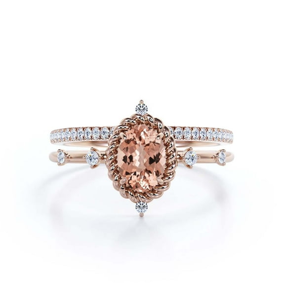Dazzling Art nouvea 2.00 Carat Oval Cut Morganite And Diamond Moissanite Engagement Ring, Wedding Ring in 10k Solid Rose Gold, Compass Ring, Promise Ring, Anniversary Ring, Bridal Set, Matching Band