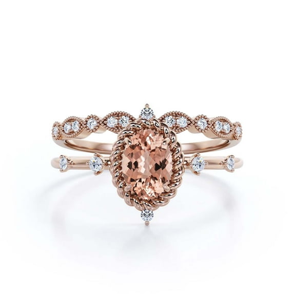 Dazzling Art nouvea 2.00 Carat Oval Cut Morganite And Diamond Moissanite Engagement Ring, Wedding Ring in 10k Solid Rose Gold, Compass Ring, Promise Ring, Anniversary Ring, Bridal Set, Matching Band